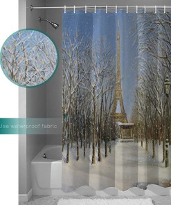 Dreamy Forest Snow Floating Eiffel Tower Printed Shower Curtain for Bathroom Decor