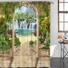 Dreamy Magnificent Waterfall and Flower Turquoise Lake Scenery Garden Shower Curtain Waterproof Fabric Bathroom Curtain