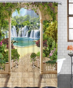 Dreamy Magnificent Waterfall and Flower Turquoise Lake Scenery Garden Shower Curtain Waterproof Fabric Bathroom Curtain