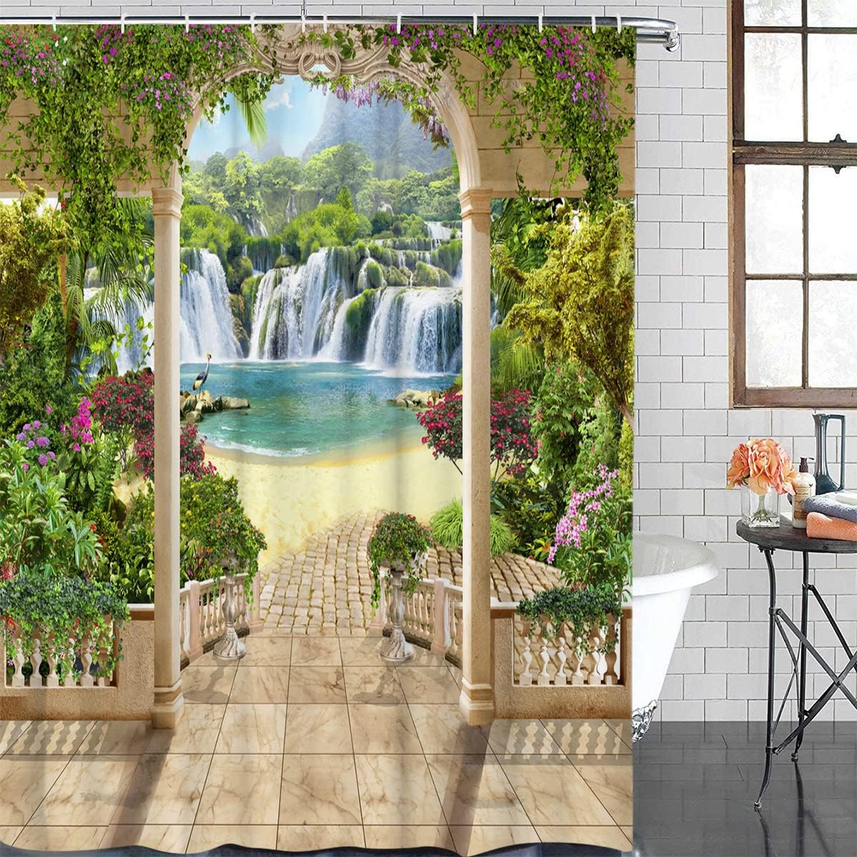 Dreamy Magnificent Waterfall and Flower Turquoise Lake Scenery Garden Shower Curtain Waterproof Fabric Bathroom Curtain