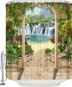 Dreamy Magnificent Waterfall and Flower Turquoise Lake Scenery Garden Shower Curtain Waterproof Fabric Bathroom Curtain