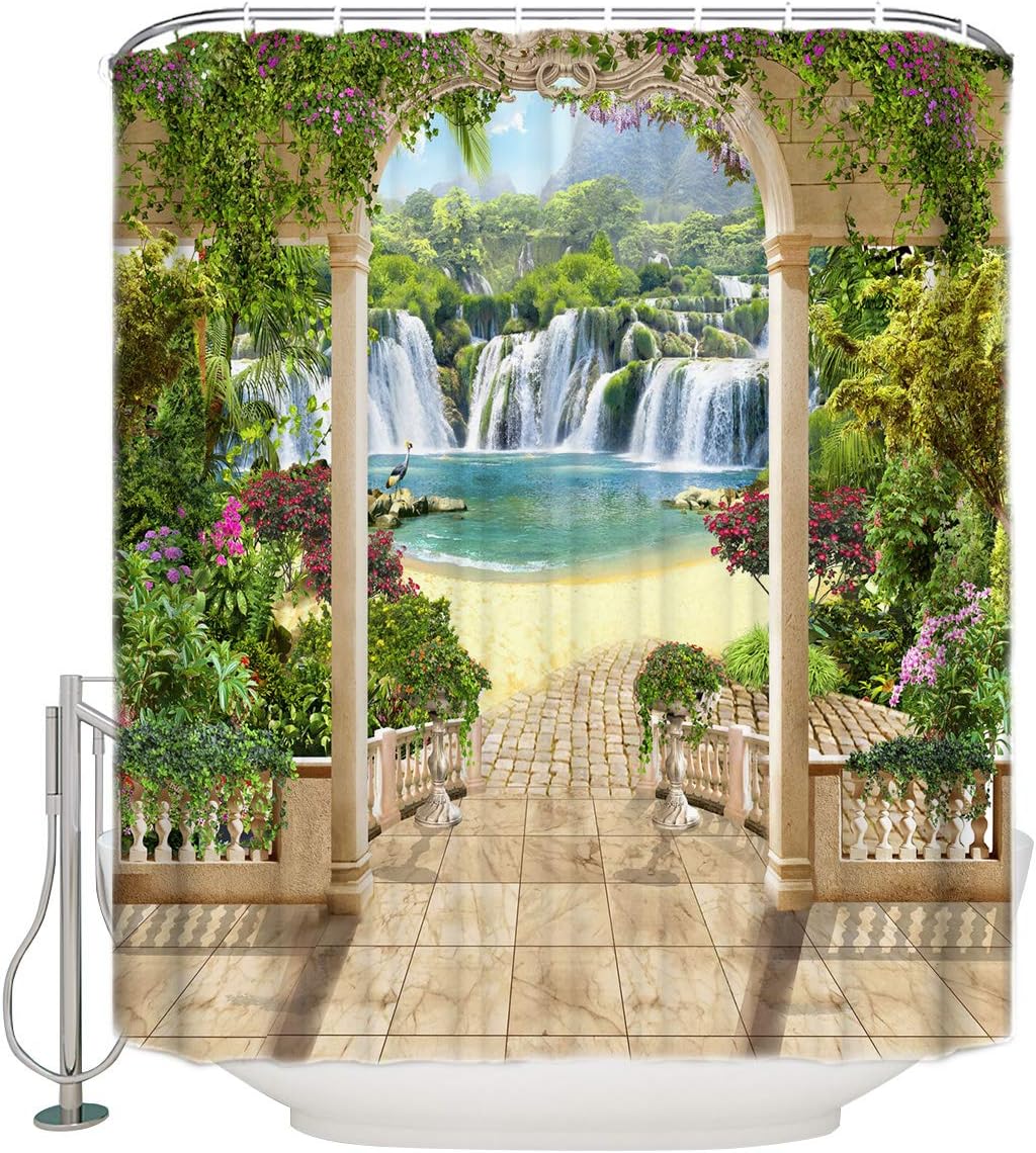Dreamy Magnificent Waterfall and Flower Turquoise Lake Scenery Garden Shower Curtain Waterproof Fabric Bathroom Curtain