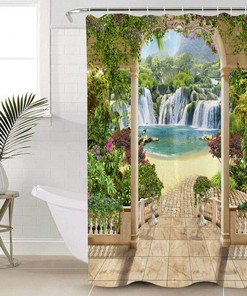 Dreamy Magnificent Waterfall and Flower Turquoise Lake Scenery Garden Shower Curtain Waterproof Fabric Bathroom Curtain