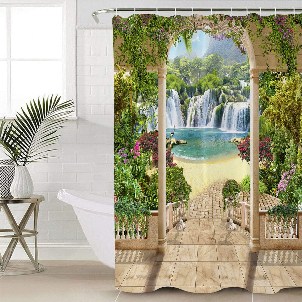 Dreamy Magnificent Waterfall and Flower Turquoise Lake Scenery Garden Shower Curtain Waterproof Fabric Bathroom Curtain