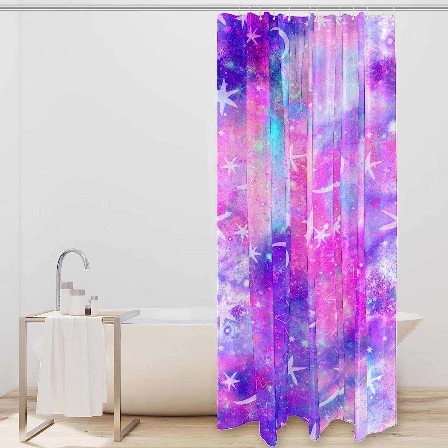 Dreamy Moon and Stars Shower Curtain in Pink and Purple for an Enchanting Bathroom