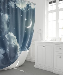 Dreamy Nights Sky Shower Curtain with Clouds and Moon for Your Bathroom