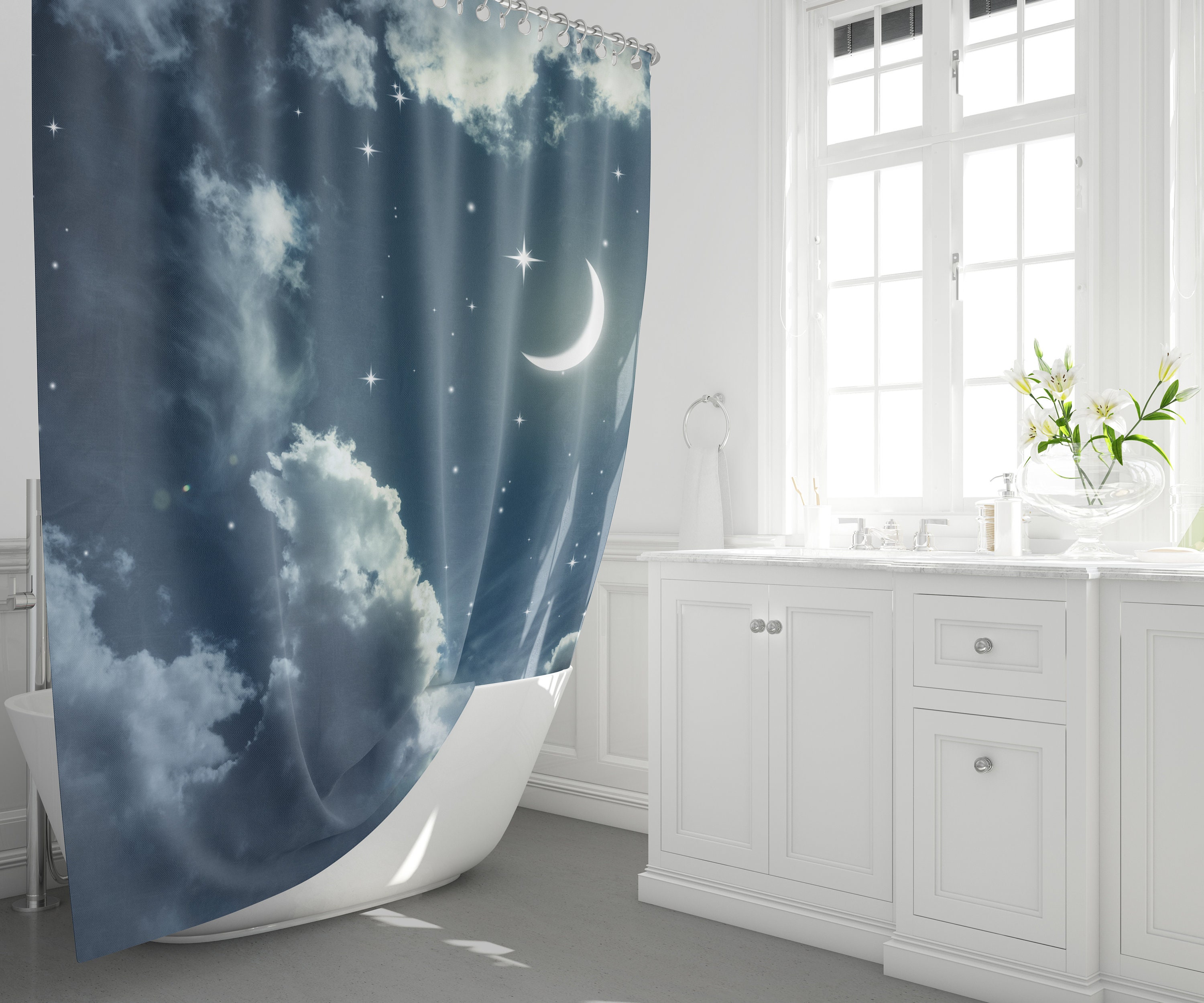 Dreamy Nights Sky Shower Curtain with Clouds and Moon for Your Bathroom
