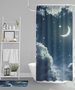 Dreamy Nights Sky Shower Curtain with Clouds and Moon for Your Bathroom