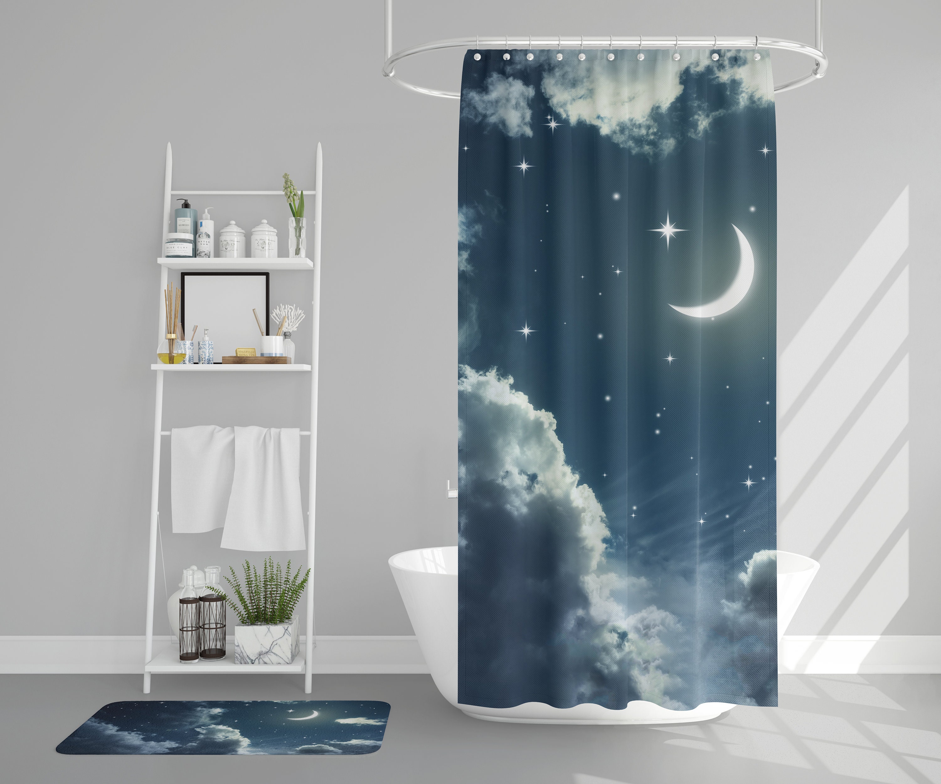 Dreamy Nights Sky Shower Curtain with Clouds and Moon for Your Bathroom