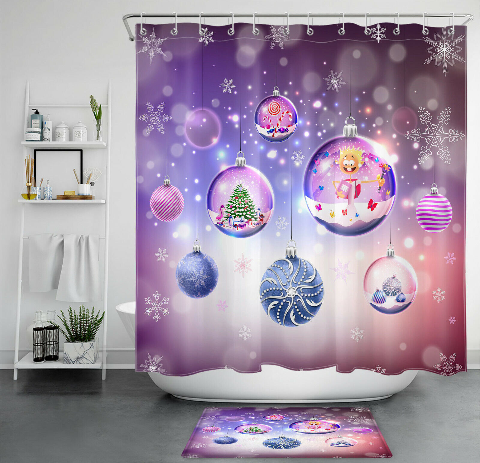 Dreamy Purple Winter Snowflake Shower Curtain - Christmas Ball Bathroom Decor