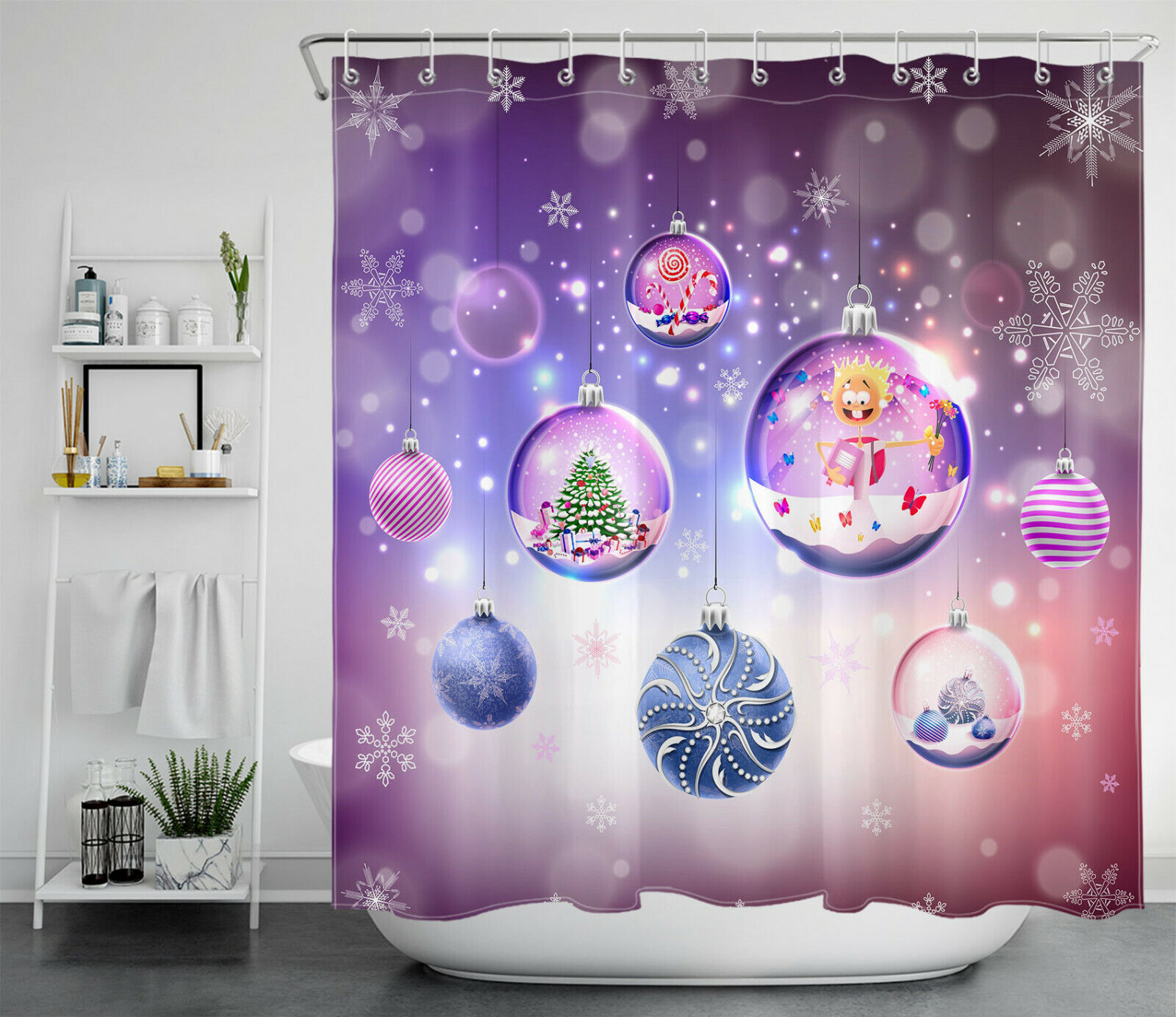 Dreamy Purple Winter Snowflake Shower Curtain - Christmas Ball Bathroom Decor - Image 2