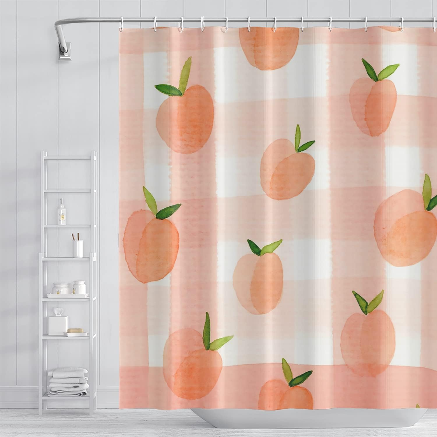Dreamy Sweet Check Fruits Pink Peach Shower Curtain for Girly Bathroom Decor