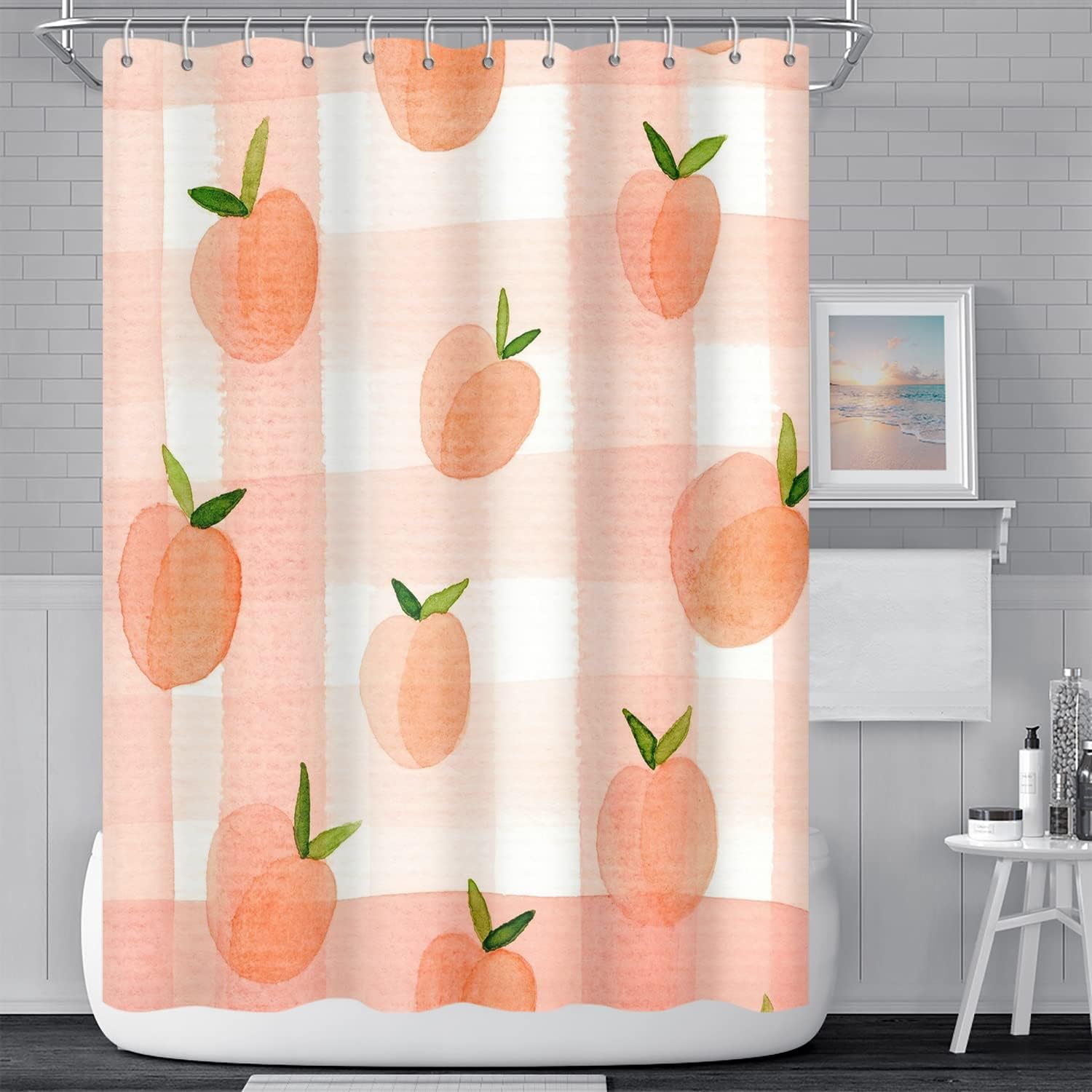 Dreamy Sweet Check Fruits Pink Peach Shower Curtain for Girly Bathroom Decor