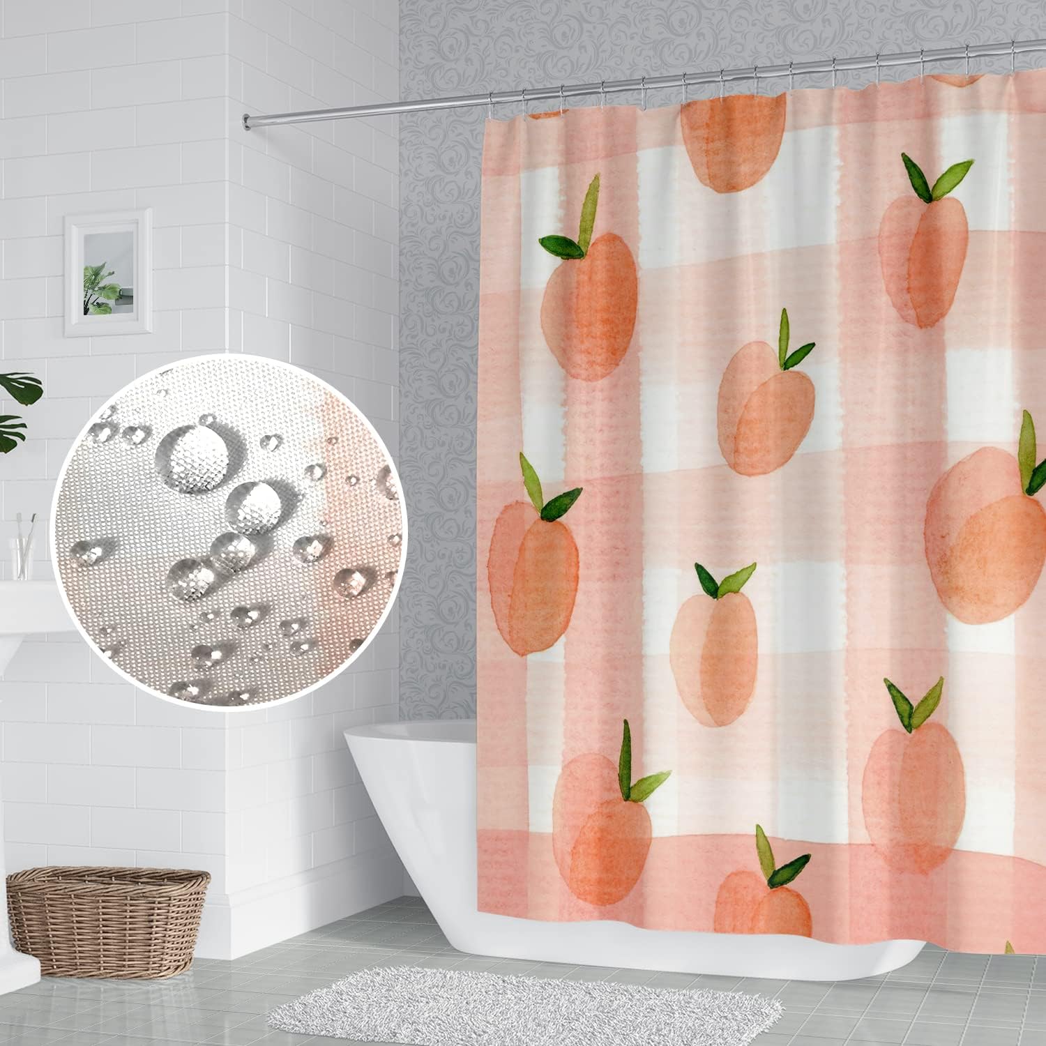 Dreamy Sweet Check Fruits Pink Peach Shower Curtain for Girly Bathroom Decor