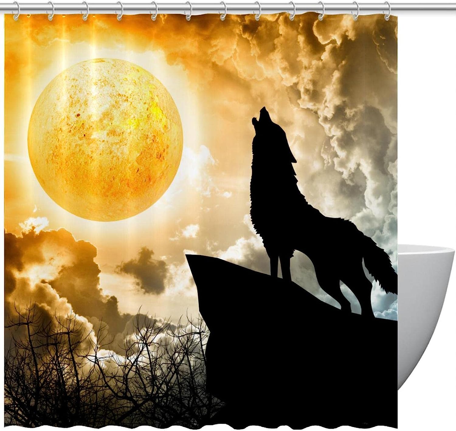 Dreamy Wolf Moon Shower Curtain with Fabric Print for Bathroom and Home Decor