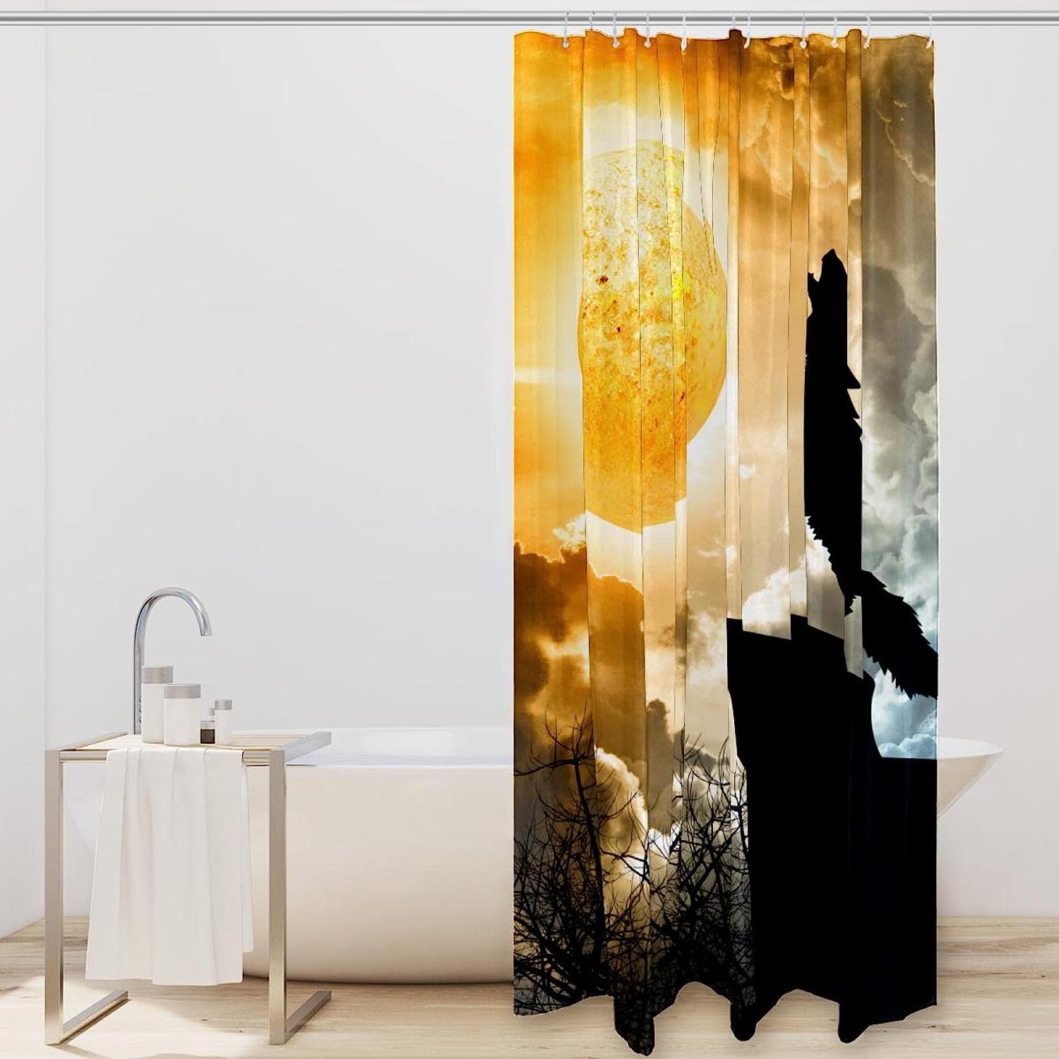Dreamy Wolf Moon Shower Curtain with Fabric Print for Bathroom and Home Decor
