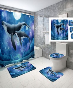 Drifting Whale Shower Curtain with Starry Sky Design 