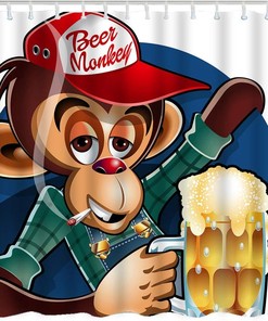 Drunken Monkey Smoking Shower Curtain With Baseball Cap And Beer Mug Design
