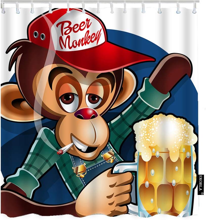 Drunken Monkey Smoking Shower Curtain With Baseball Cap And Beer Mug Design