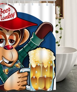 Drunken Monkey Smoking Shower Curtain With Baseball Cap And Beer Mug Design