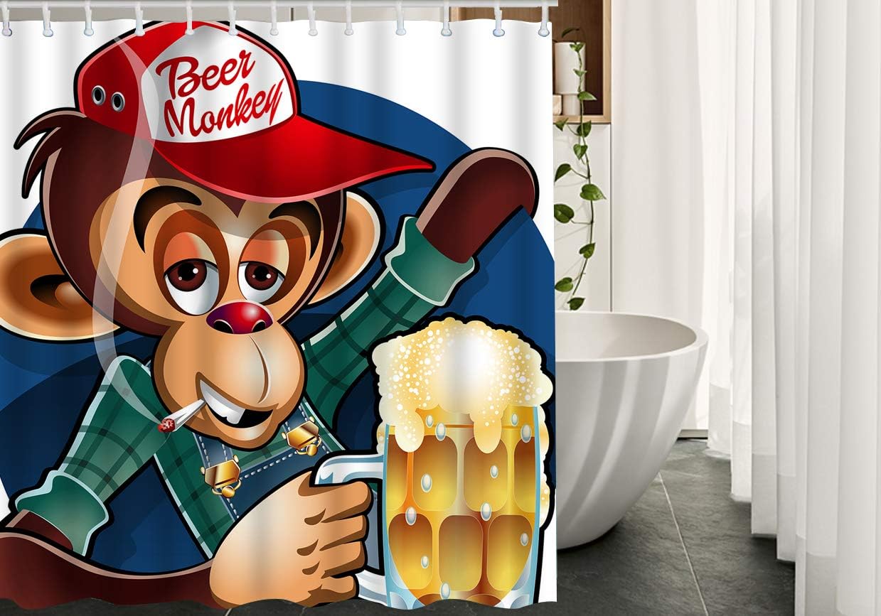Drunken Monkey Smoking Shower Curtain With Baseball Cap And Beer Mug Design