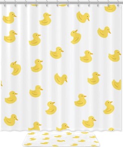 Duck Pattern Bathroom Accessories Set With Waterproof Fabric Shower Curtain And Mat