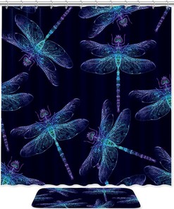 Durable Fabric Dragonfly Insect Navy Blue Shower Curtain For Bathroom
