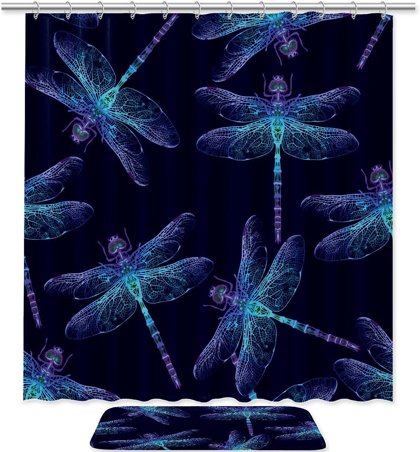 Durable Fabric Dragonfly Insect Navy Blue Shower Curtain For Bathroom