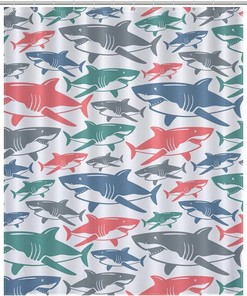 Durable Personalized Bath Curtain Liner With Colorful Shark Print For Kids' Or Guest Bathroom