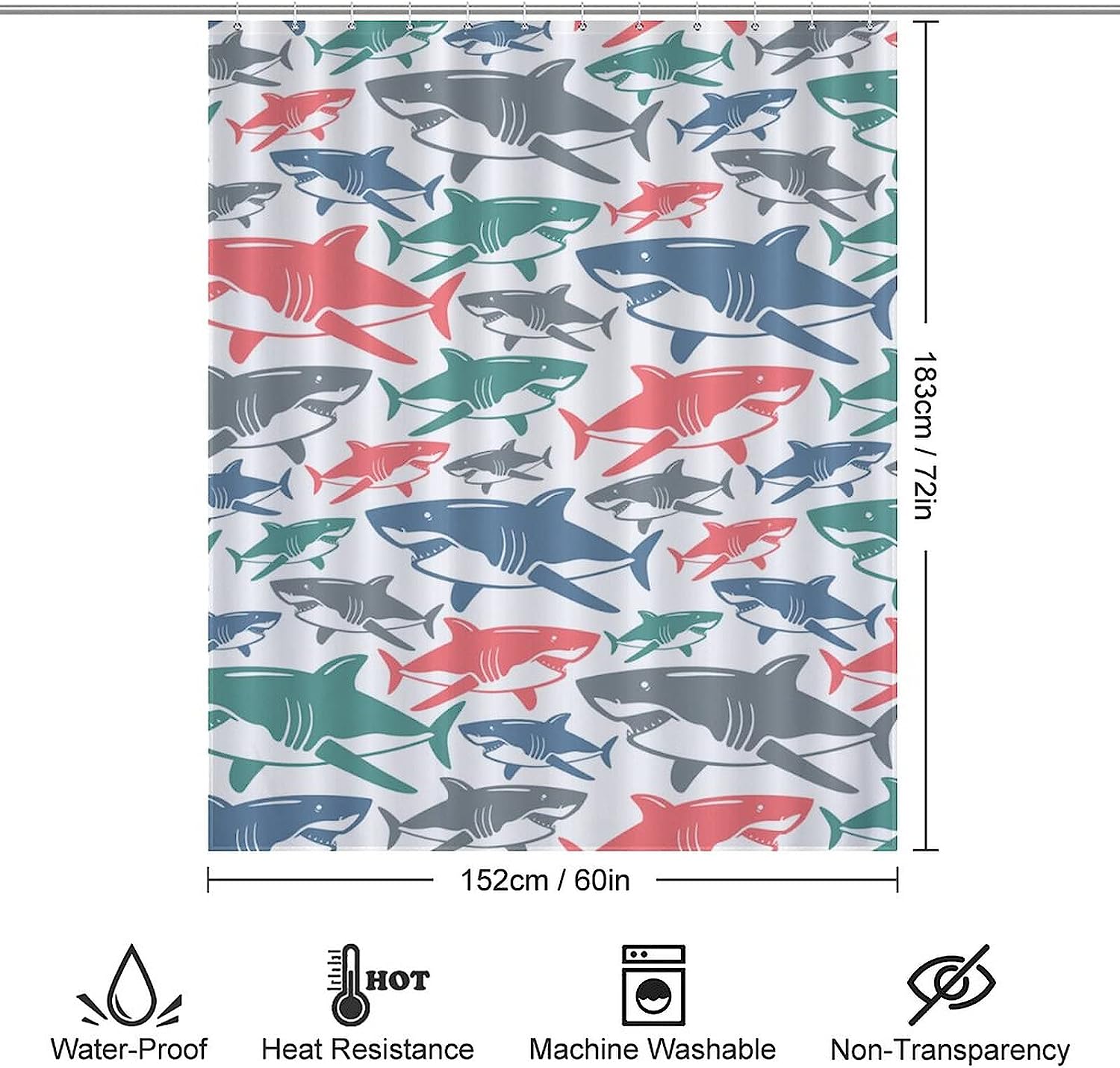 Durable Personalized Bath Curtain Liner With Colorful Shark Print For Kids' Or Guest Bathroom - Image 2