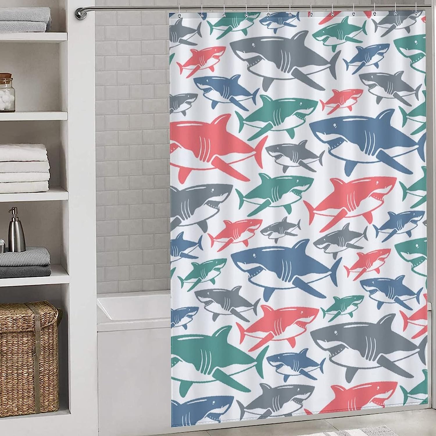 Durable Personalized Bath Curtain Liner With Colorful Shark Print For Kids' Or Guest Bathroom - Image 3
