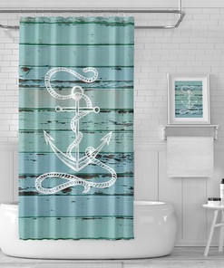 Durable Teal Blue Anchor Print Shower Curtain, Rustic Farmhouse Nautical Decor For Your Shower Stall