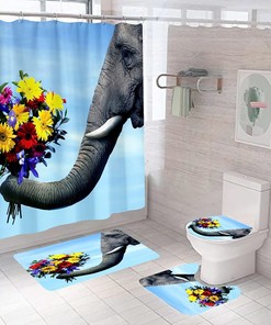 Durable Waterproof Bath Curtain with 3D Printed Elephant and Flowers 