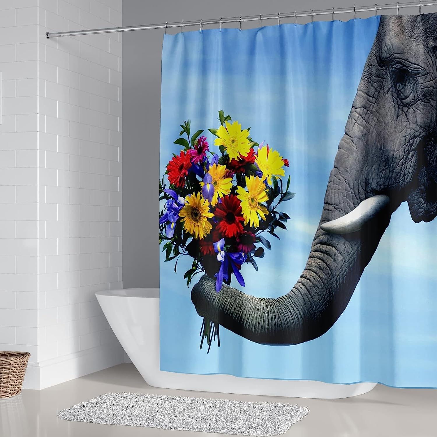 Durable Waterproof Bath Curtain with 3D Printed Elephant and Flowers