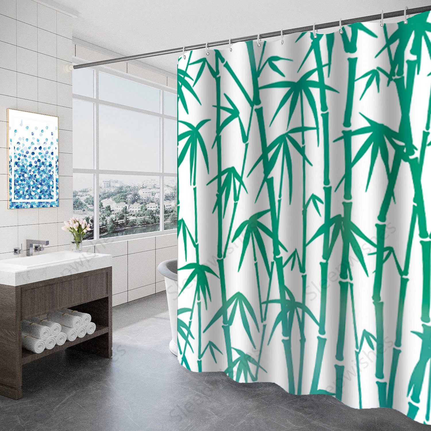 Durable Waterproof Fabric Shower Curtain with Oriental Bamboo Print