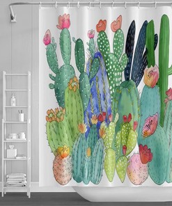 Durable Waterproof Green Cactus Shower Curtain For Rustic Bathroom Decor
