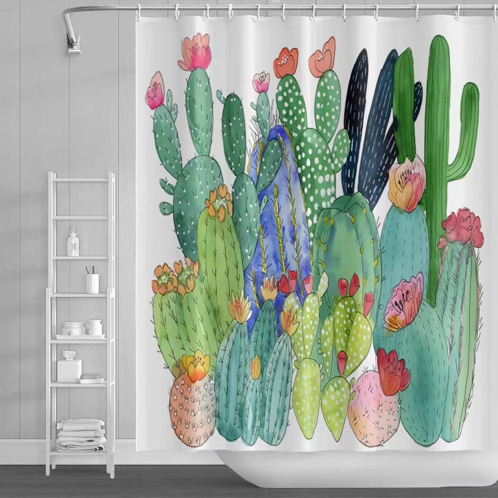 Durable Waterproof Green Cactus Shower Curtain For Rustic Bathroom Decor