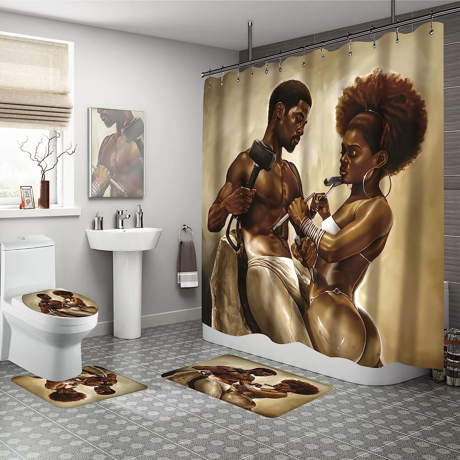 Durable Waterproof Sets African Couple Lover Sculpture Art Oil Painting Bath Curtains Shower Curtain