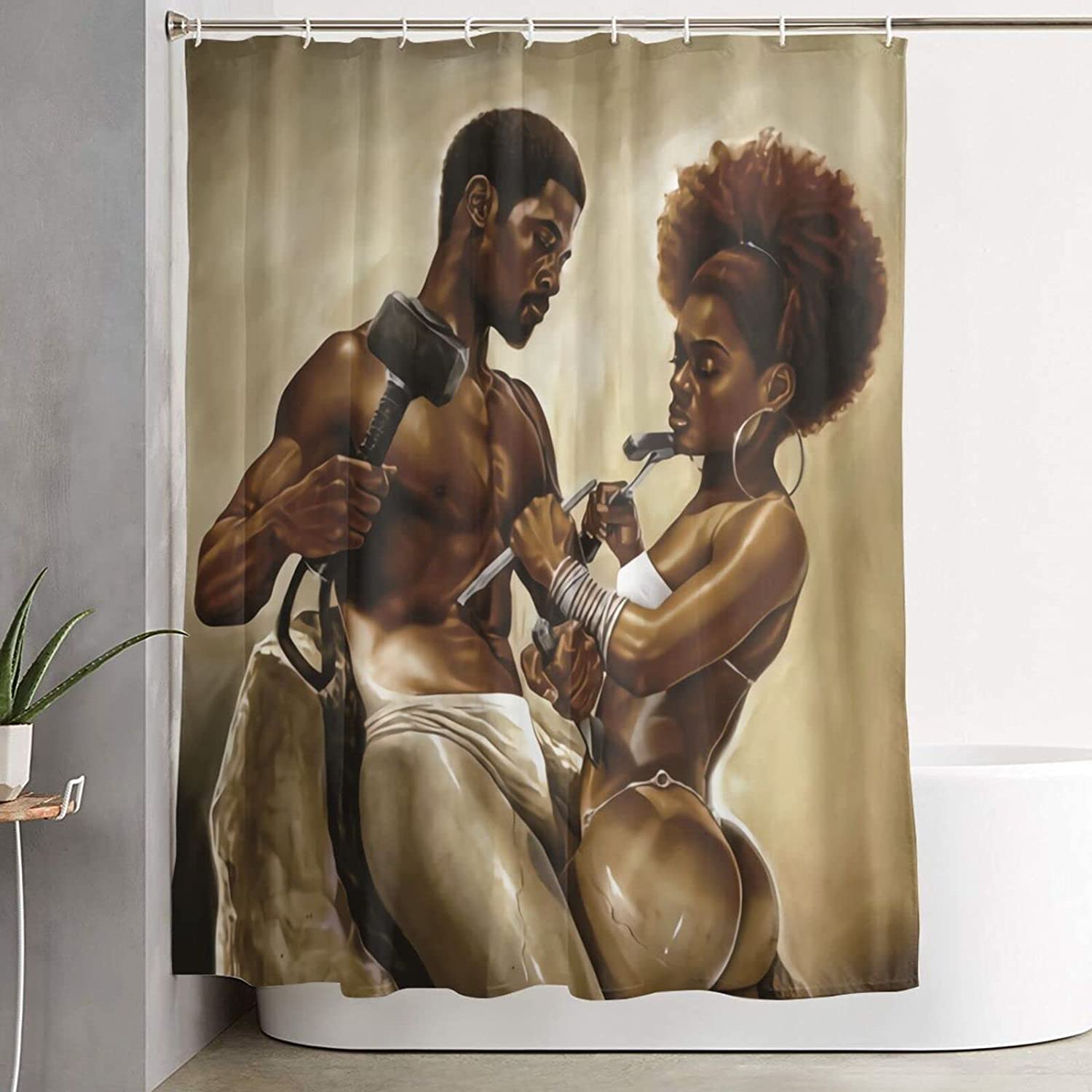 Durable Waterproof Sets African Couple Lover Sculpture Art Oil Painting Bath Curtains Shower Curtain - Image 2