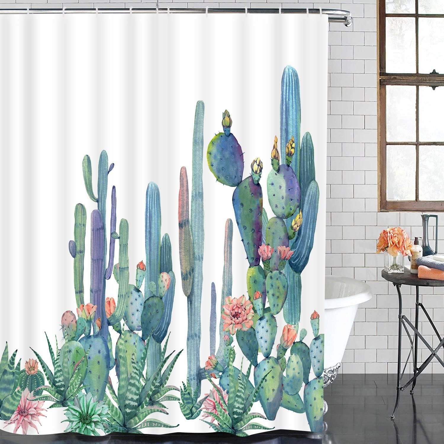 Durable Waterproof Shower Curtain - Tropical Cactus Flowers Blossom Bath Curtain - Image 2