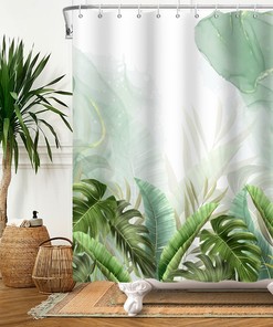 Durable and Fashionable Green Leaves Bath Curtain with Tropical Plant for Rustic Bathroom Decor