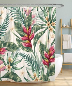 Durable and Fashionable Green Leaves Bath Curtain with Tropical Plant for Rustic Bathroom Decor