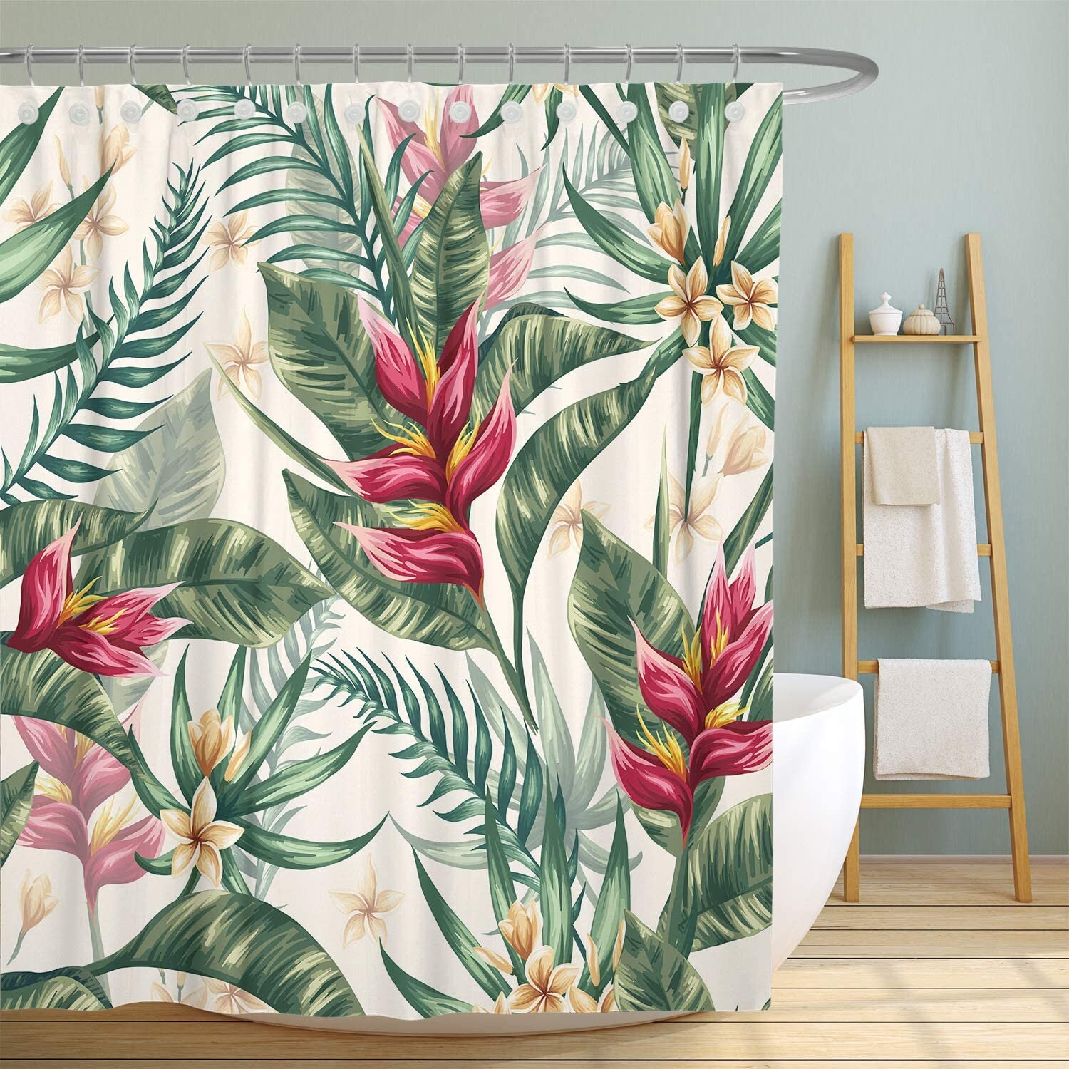 Durable and Fashionable Green Leaves Bath Curtain with Tropical Plant for Rustic Bathroom Decor