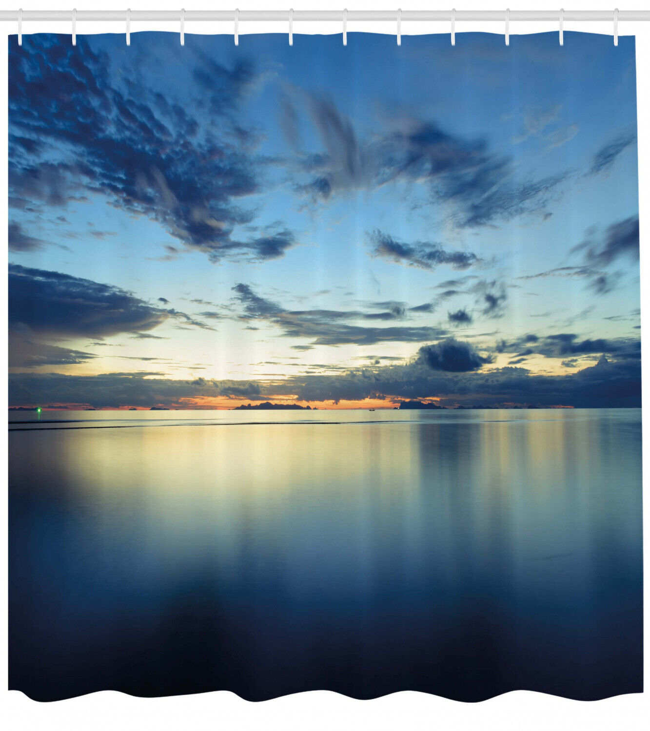 Dusk Over Tropical Lagoon Blue Print Shower Curtain For Bathroom - Image 2