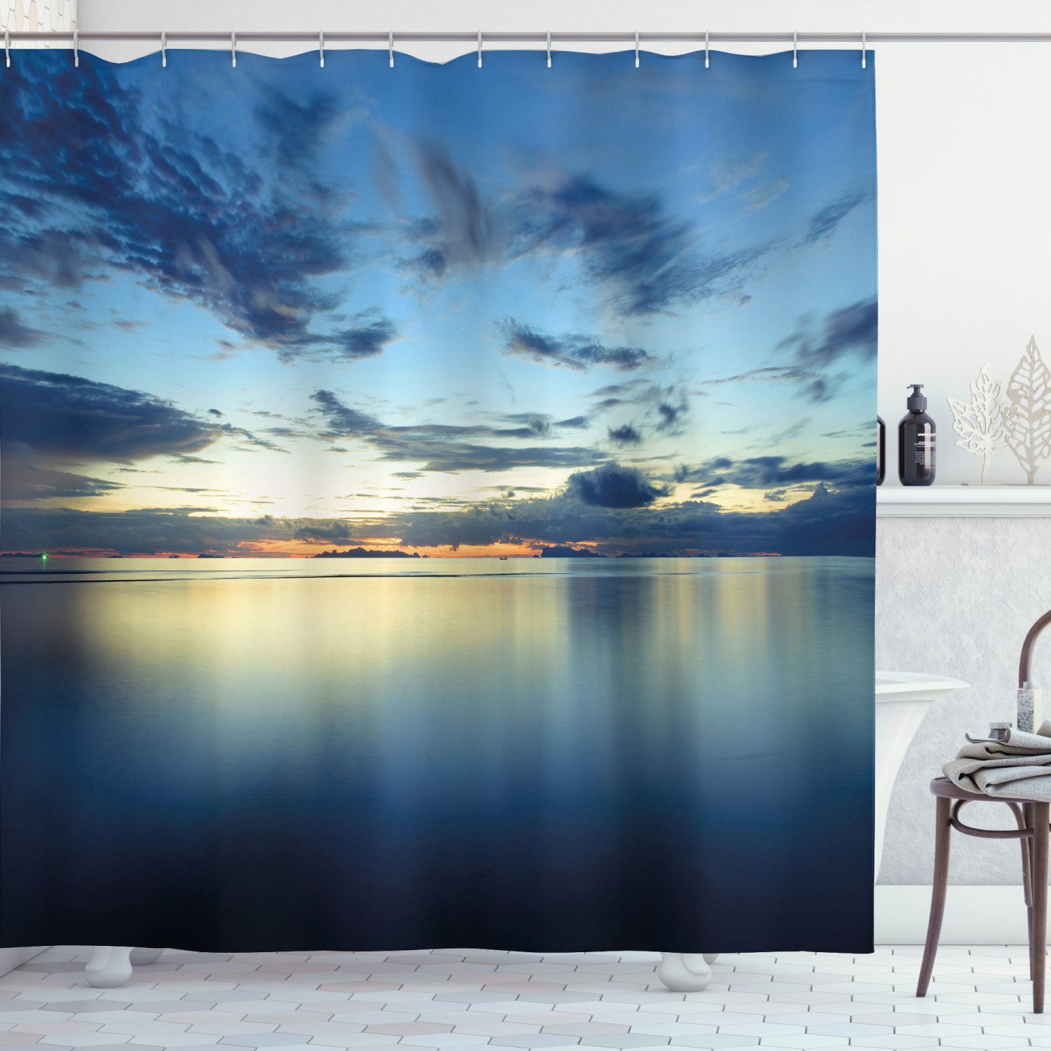Dusk Over Tropical Lagoon Blue Print Shower Curtain For Bathroom - Image 3
