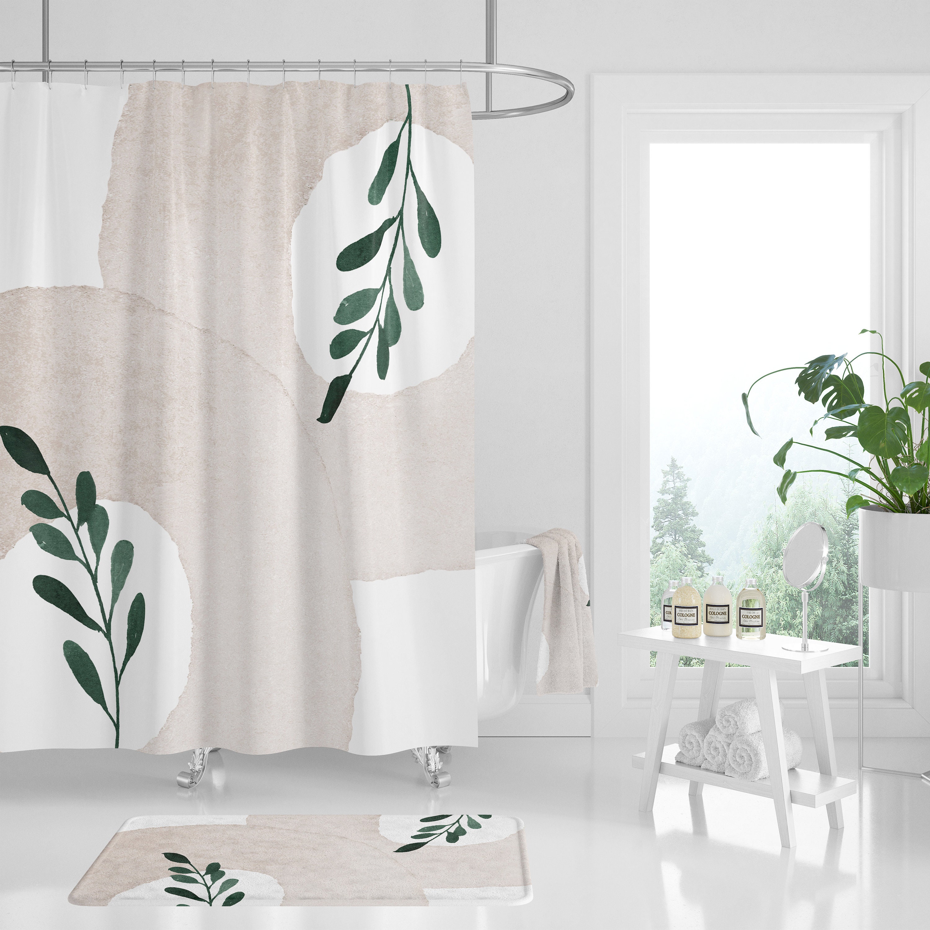 Dusty Blush Beige Green Floral Boho Shower Curtain Set With Hand Towel And Abstract Watercolor Art