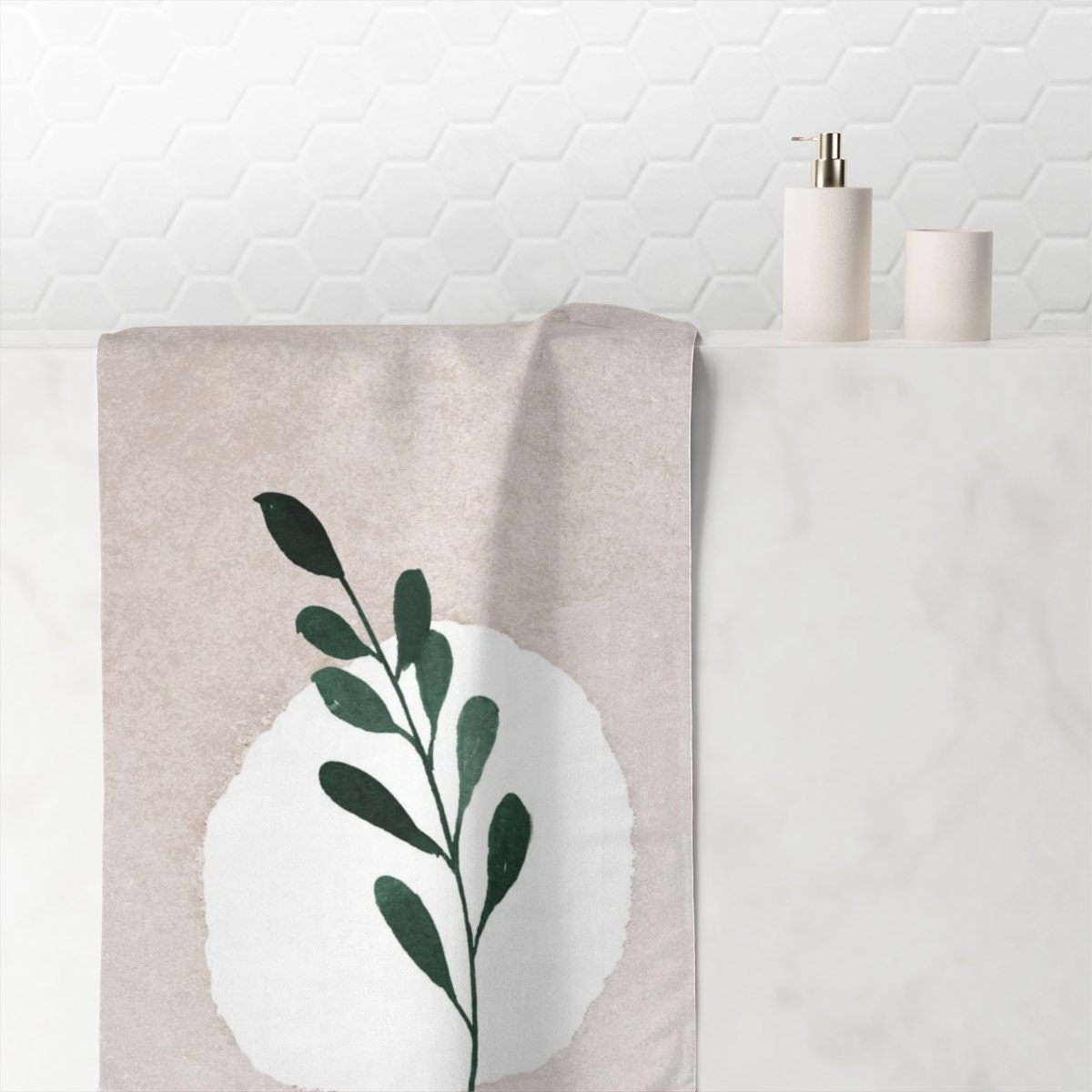 Dusty Blush Beige Green Floral Boho Shower Curtain Set With Hand Towel And Abstract Watercolor Art - Image 2