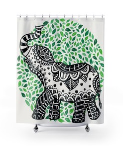 Earth Day Elephants Green Environment Shower Curtain - Hand Drawn Waterproof Fabric Bath Curtain
