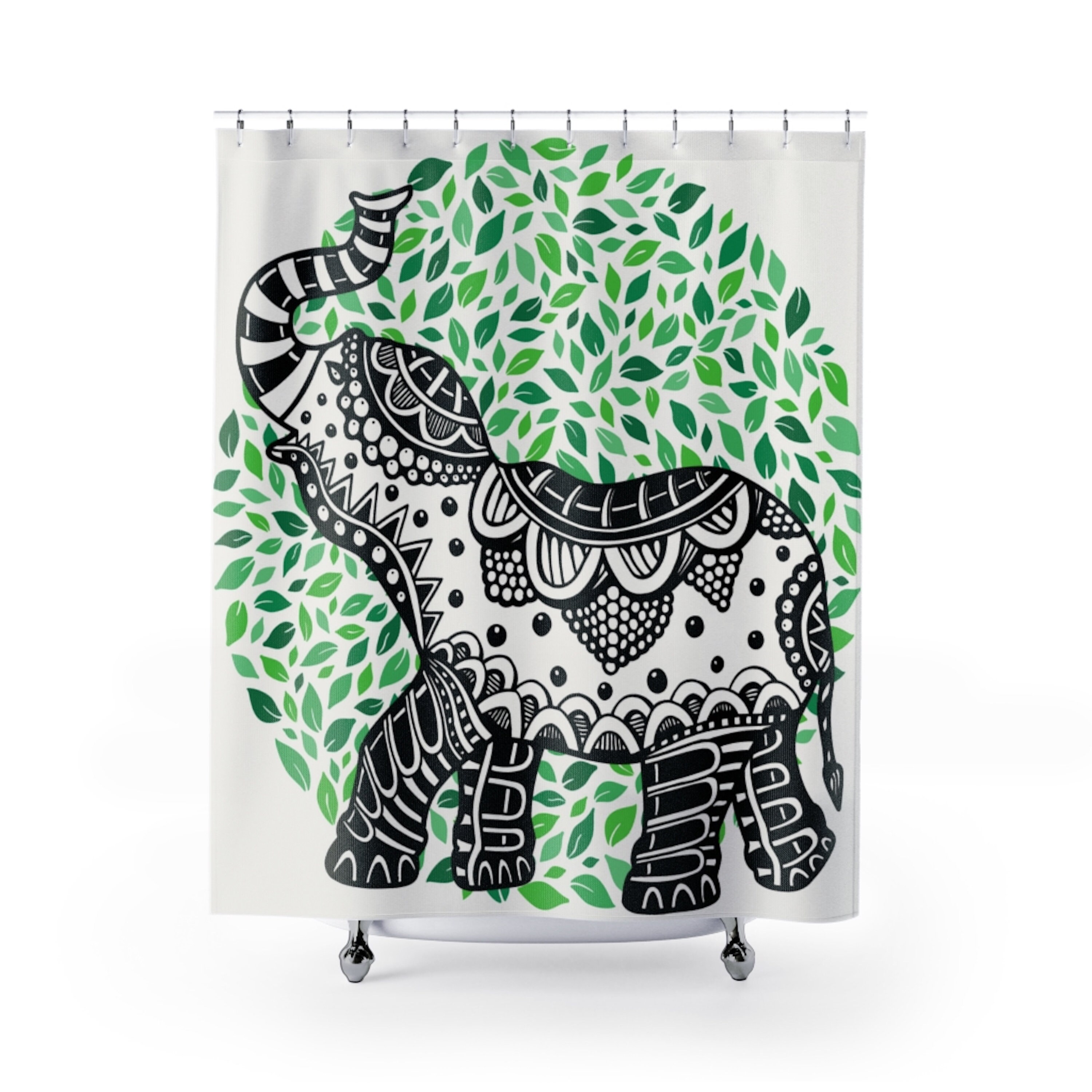 Earth Day Elephants Green Environment Shower Curtain - Hand Drawn Waterproof Fabric Bath Curtain
