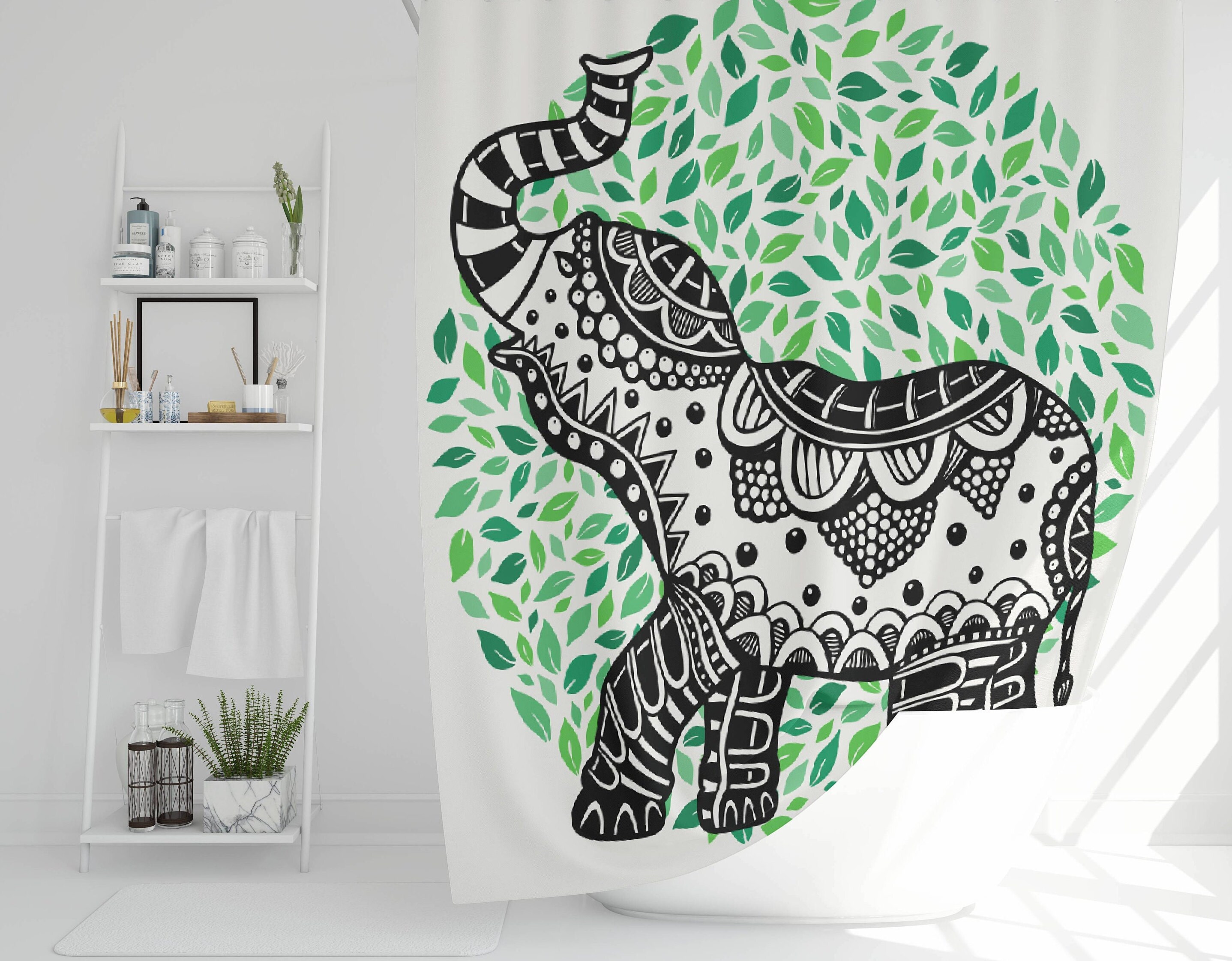 Earth Day Elephants Green Environment Shower Curtain - Hand Drawn Waterproof Fabric Bath Curtain - Image 2